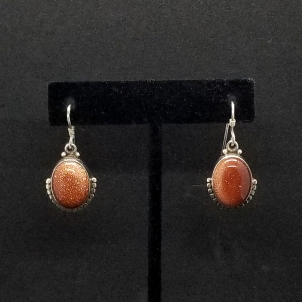 Sterling silver large goldstone cabochon earrings